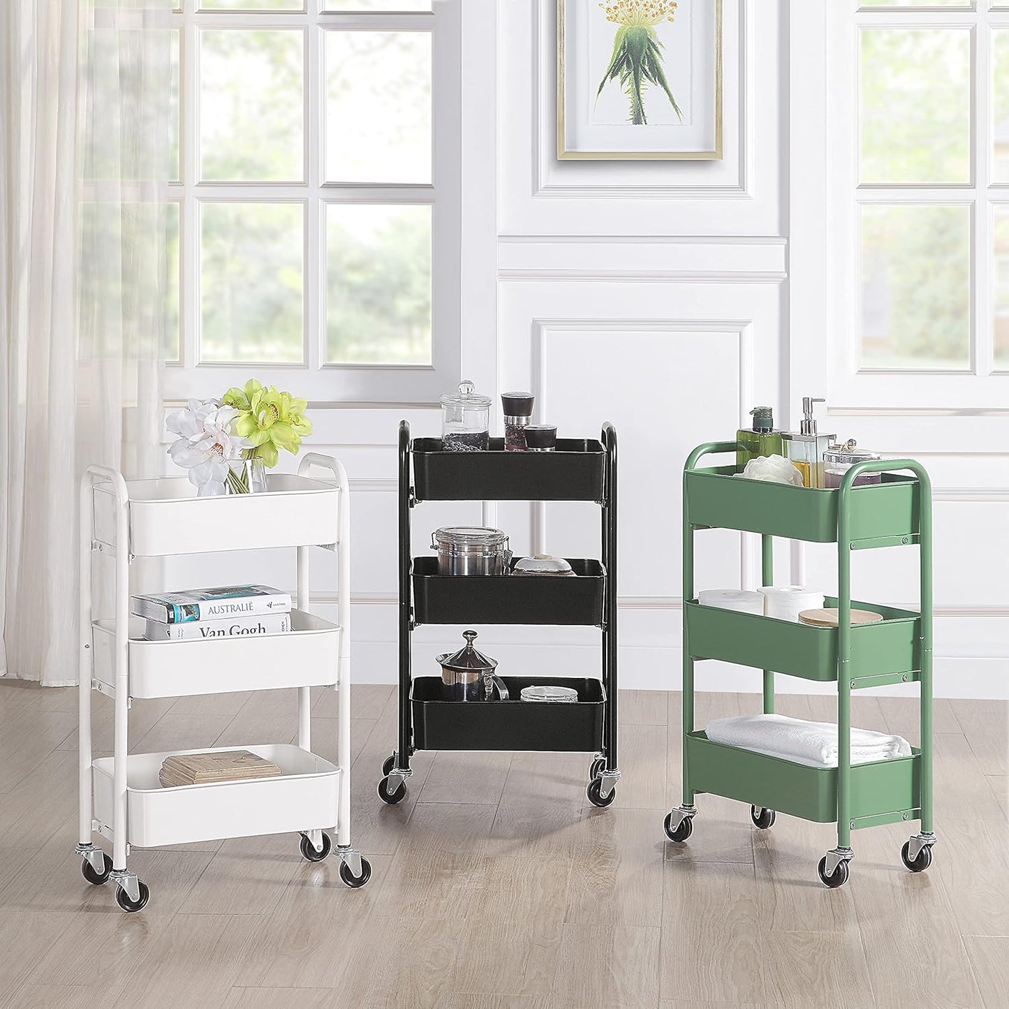 SunnyPoint 3-Tier Delicate Compact Rolling Metal Storage Organizer - Mobile Utility Cart Kitchen/Under Desk Cart with Caster Wheels - Turq (15.35" X 10.24" X 26.8"H)