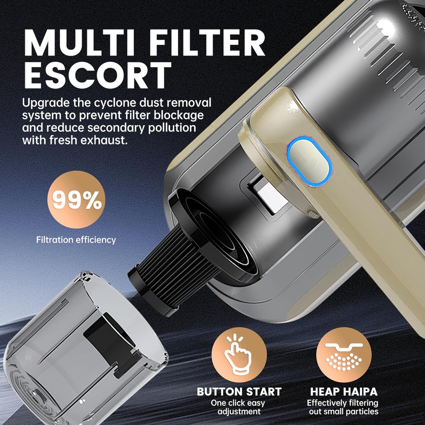 PATO Mattress Vacuum Cleaner, Wireless Handheld Bed Vacuum Cleaner With UV-C Light, HEPA Filter and Ultrasonic Vibration, 12KPa, Suitable for Beds, Sofas, Car Seats, Carpets (golden)