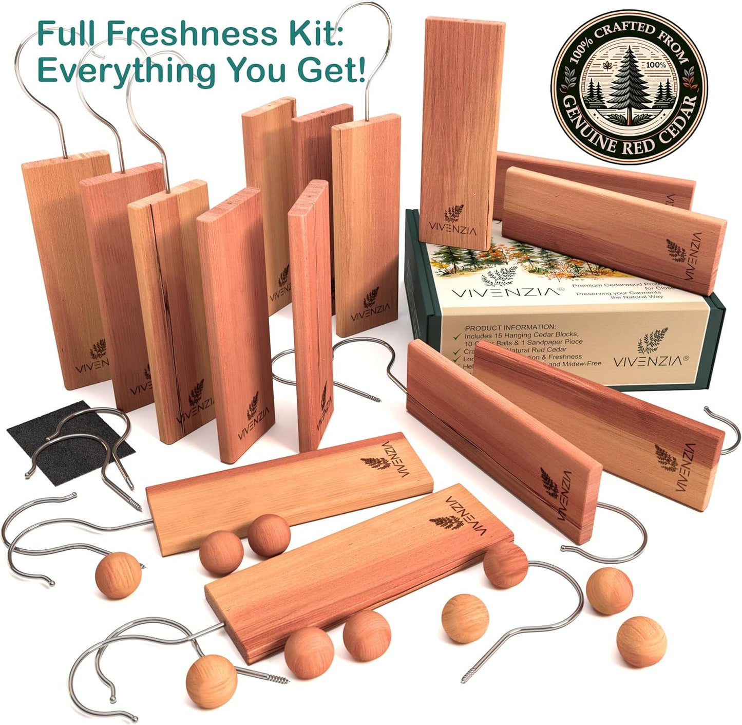 Cedar Blocks for Clothes Storage -25 pcs (15 Hang-ups & 10 Balls)- Hanging Cedar Planks, Natural Closet Smell Eliminator, Natural Closet Deodorizer, Drawer Fresheners for Dresser.