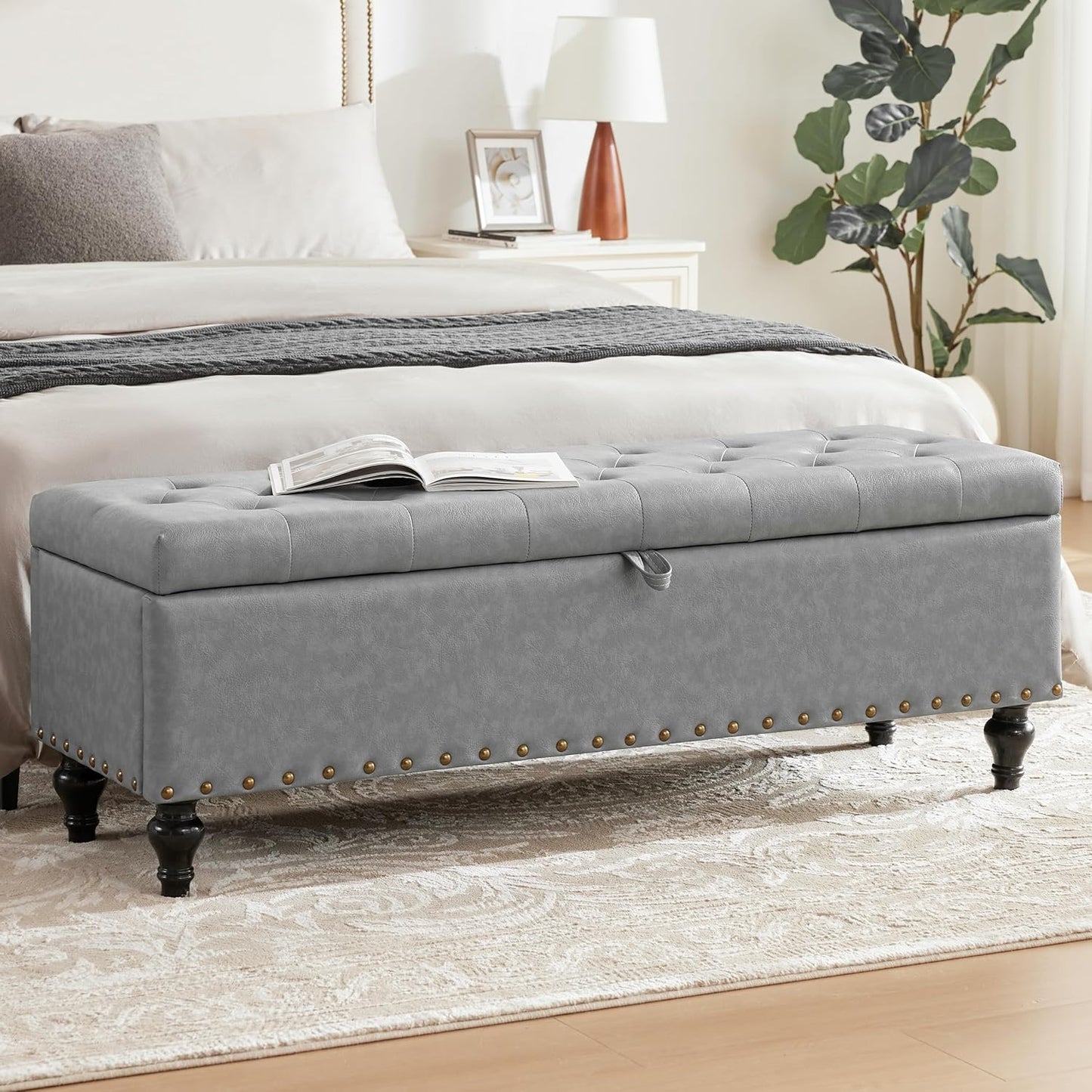 50" Storage Ottoman Bench, Tufted Ottoman with Storage for Living Room, Large End of Bed Ottomans, Modern Entryway Benchs, Window & Bedroom Benches for Foot of Bed (AshGray)