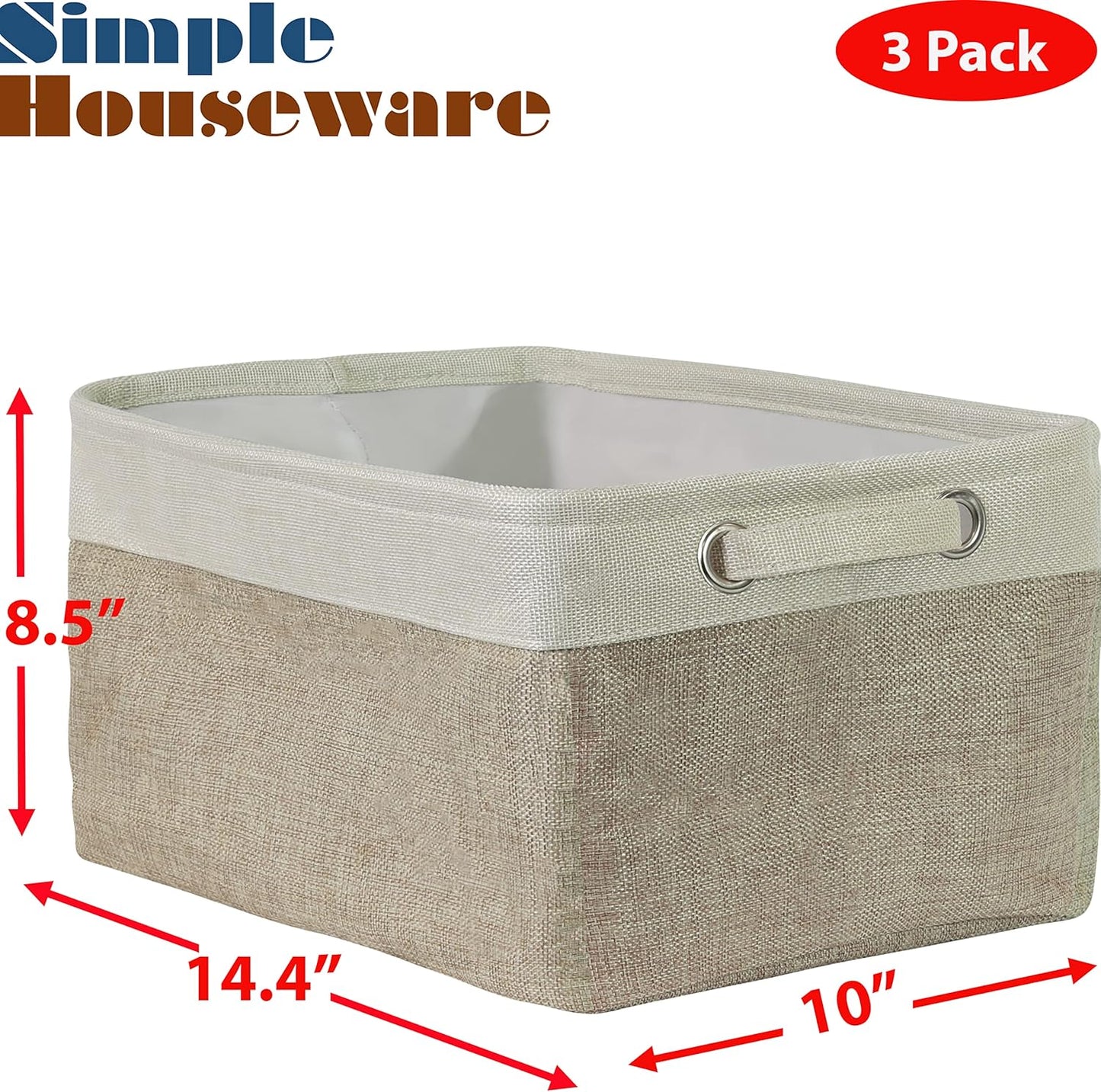 SIMPLE HOUSEWARE Large Fabric Storage Bin, 14.4" x 10" with Handles, 3-Pack, Foldable Organizer for Closet and Shelf, Beige