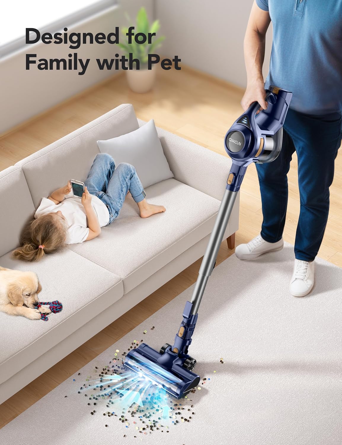 Cordless Vacuum Cleaner, Rapid Clean 23 Kpa Powerful Suction, 1.3 L Large Capacity, 2 Modes & 30Mins Runtime, Rechargeable Stick Vacuum for Pet Hair Hardwood Carpet - Blue