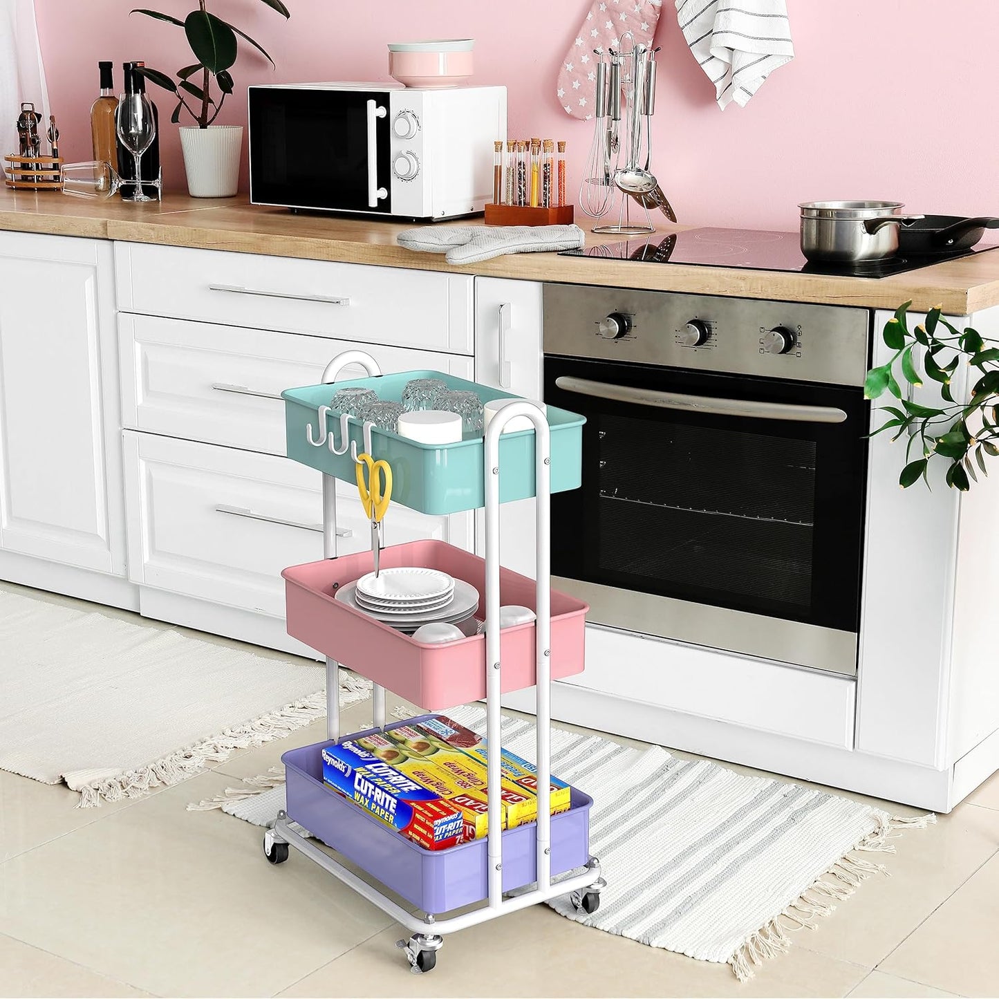 Simple Houseware 3-Tier Heavy Duty Metal Utility Rolling Cart, Multicolor