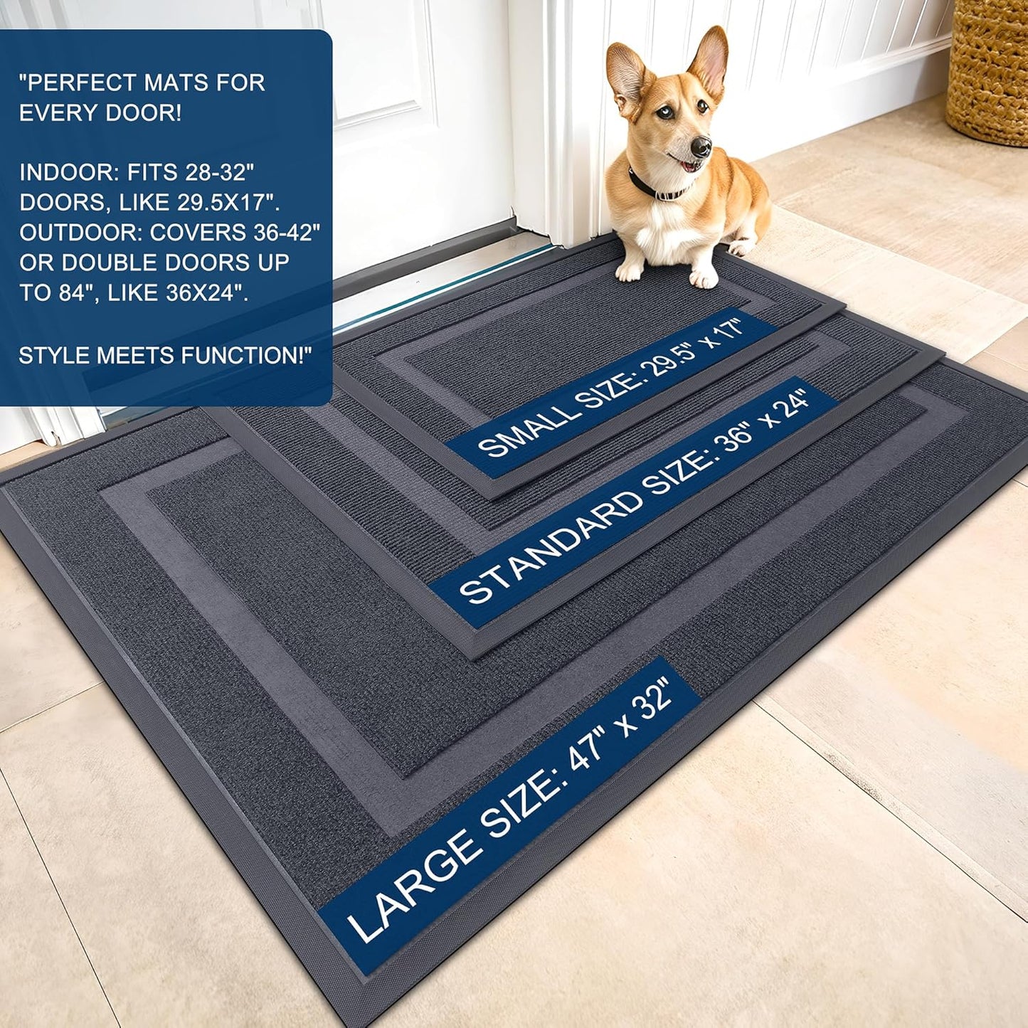 OLANLY Front Door Mat Indoor Outdoor Entrance, Waterproof All-Season, All-Weather Doormat, Sturdy Natural Rubber, Fade Resistant, Low Profile, Easy Clean Patio Porch Entryway Mat, 59x23, Light Grey