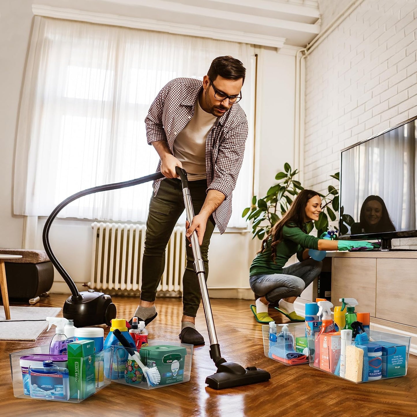 ClearSpace Plastic Storage Bins with Divider, 2 Pack – Perfect Kitchen Organization or Pantry Storage – Fridge Organizer, Pantry Organization and Storage Bins, Cabinet Organizers