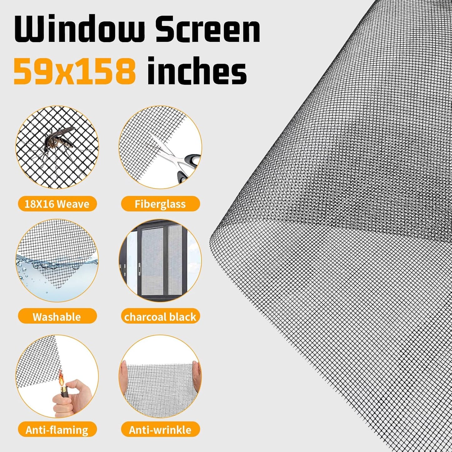 Window Screen Replacement,Screen Door Repair Kit, 59"x158" Black Window Screen Mesh,Including 50 FT Splines+Hooks+2 Rollers+8 Clips+Scissors+Knife+Tape Measure,Fully Equipped Window Screen Repair Kit