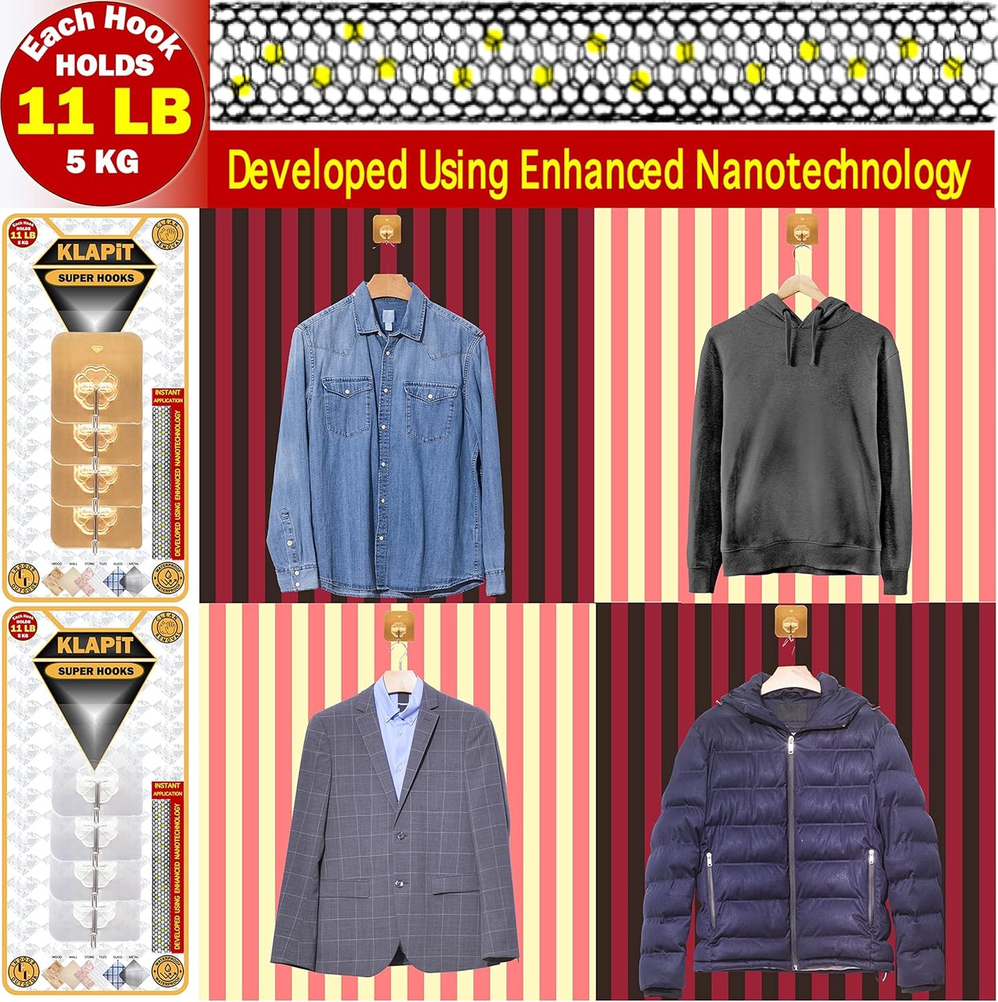 KLAPiT Super Hook - Heavy-Duty Adhesive Gold Wall Hooks, Holds Up to 11 lbs, Waterproof, No Damage, Easy Install on Tile, Wood, Stone, Glass & Metal - Made of Steel (Gold, 16pc)