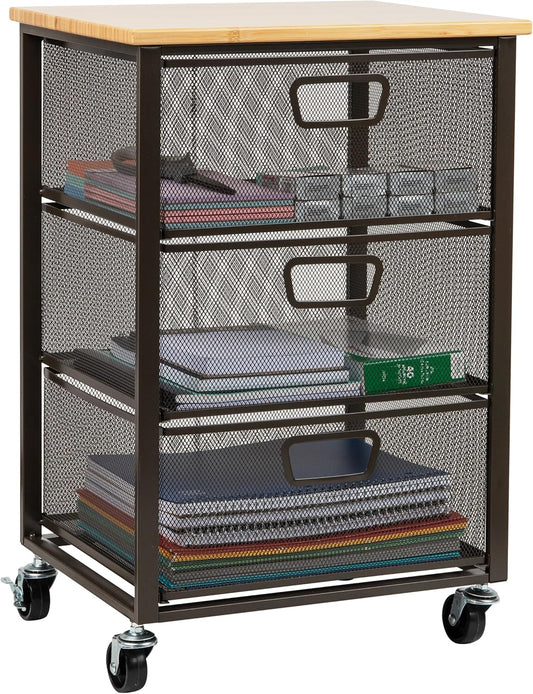 Mind Reader 3-Drawer Rolling Storage Cart, Office Organizer with Wood Top, Multipurpose Portable Cabinet with Wheels, Metal Mesh, Black