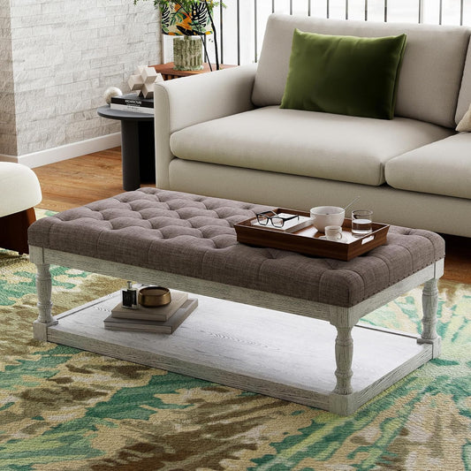 48" Large Ottoman with Storage Coffee Table, Upholstered Tufted Linen Ottoman Bench with Solid Wood Shelf for Living Room, Bedroom, Holds 250lbs (Light Gray)
