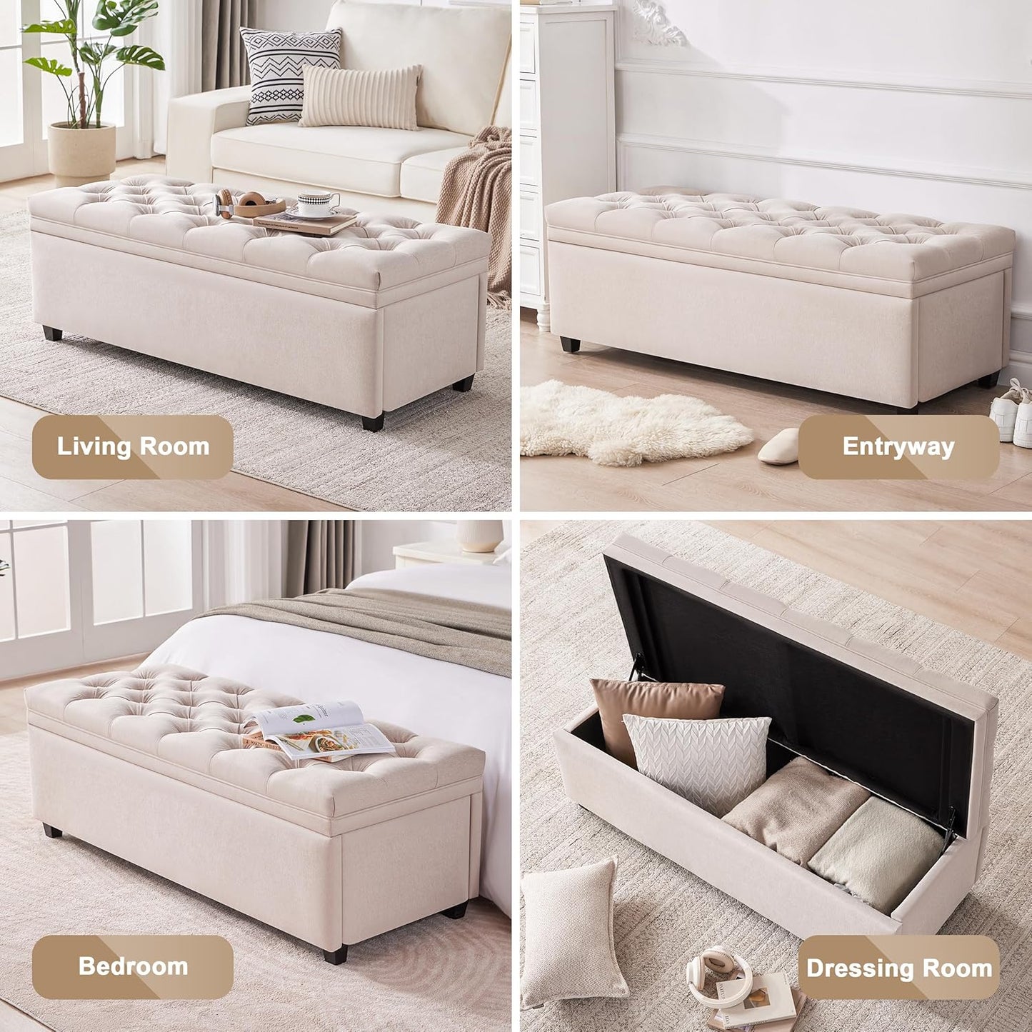 50" Storage Ottoman Bench, Tufted Ottoman with Storage for Living Room, Large End of Bed Ottomans, Modern Entryway Benchs, Window & Bedroom Benches for Foot of Bed (Beige)