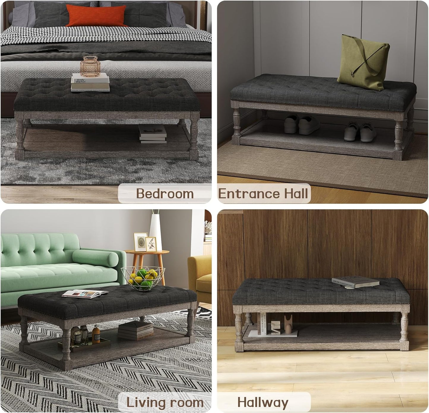 48" Large Ottoman with Storage Coffee Table, Upholstered Tufted Linen Ottoman Bench with Solid Wood Shelf for Living Room, Bedroom, Holds 250lbs (Dark Gray)