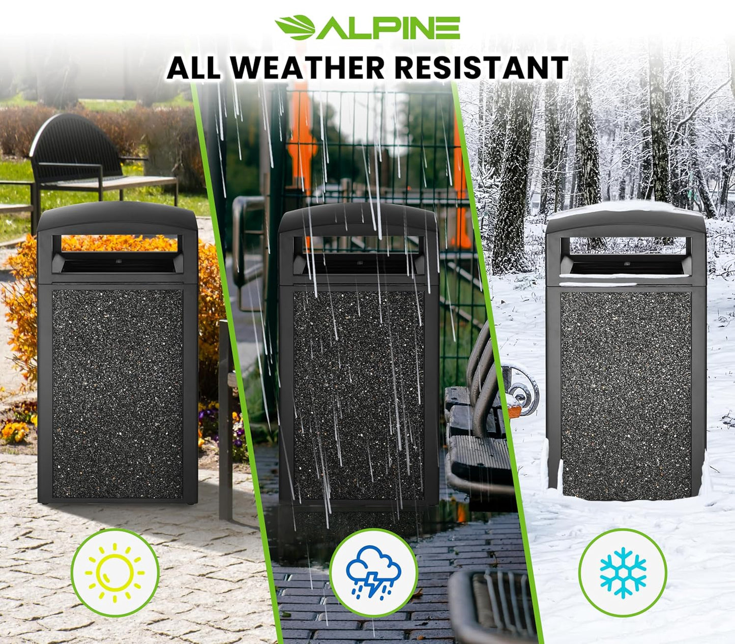 Alpine Outdoor Commercial Trash Can with Lid - 40 Gallon Heavy Duty Metal Garbage Can with Removable Bin, Locking Lid for a Modern Look in Park, Mall & High Traffic Areas-Grey Stone Panels (With Tray)