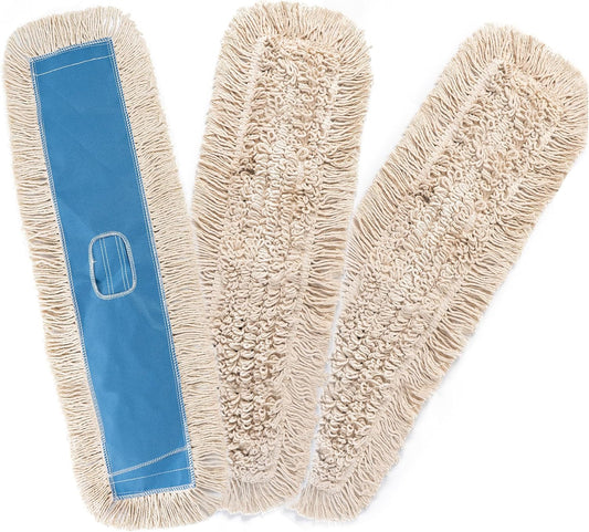 Matthew Cleaning 36'' Industrial Strength Cotton Dust Mop Refill Washable Replacement Heads for Residential & Commercial Use Fit Standard Dust Mop Frames, Hardwood, Concrete Floors Blue&White 3 Pack