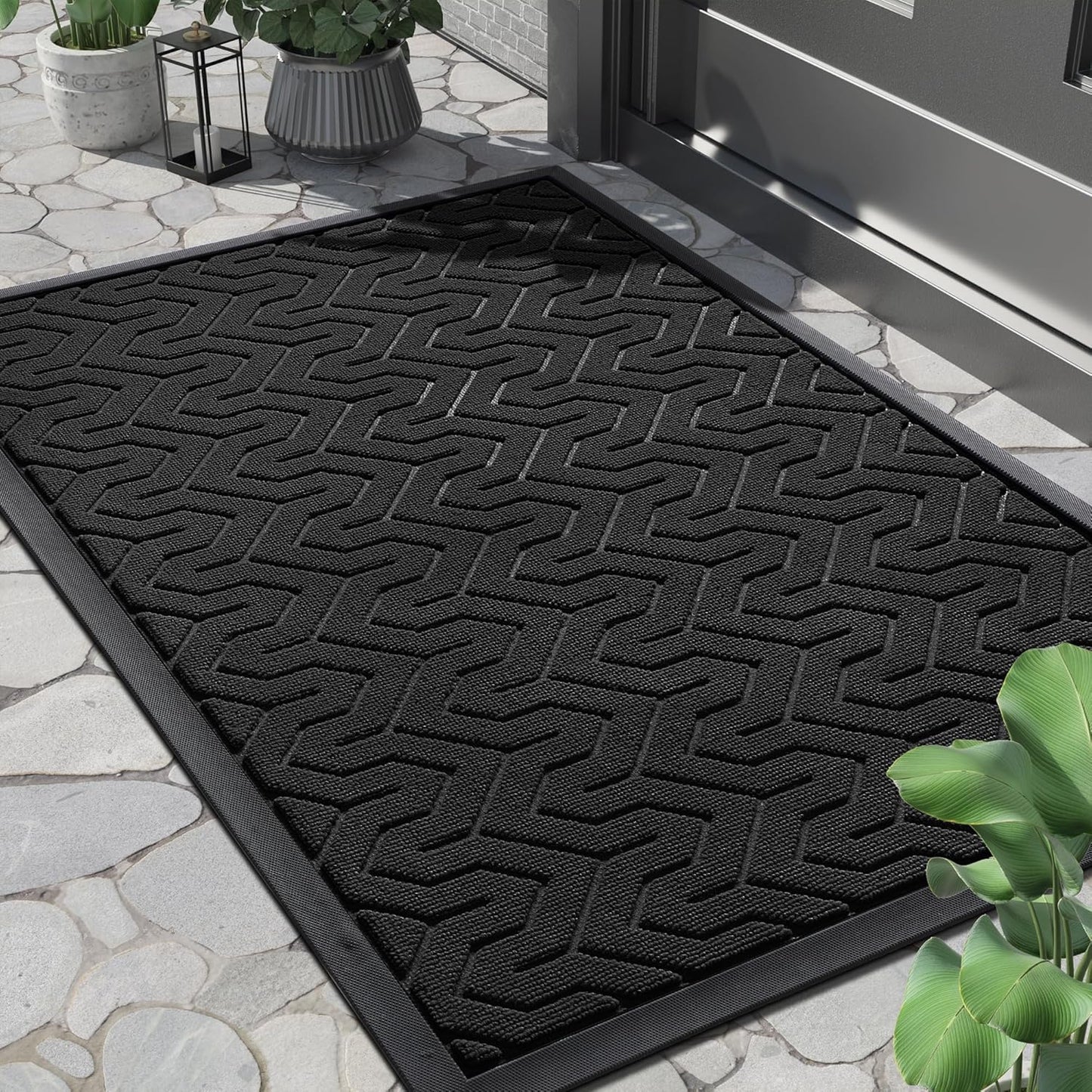 Yimobra Front Door Mat Outside Entrance 29.5x17, Waterproof Heavy Duty Outdoor Mats for Front Door, Non Slip Rubber Entry Mat for Garage Patio, Black