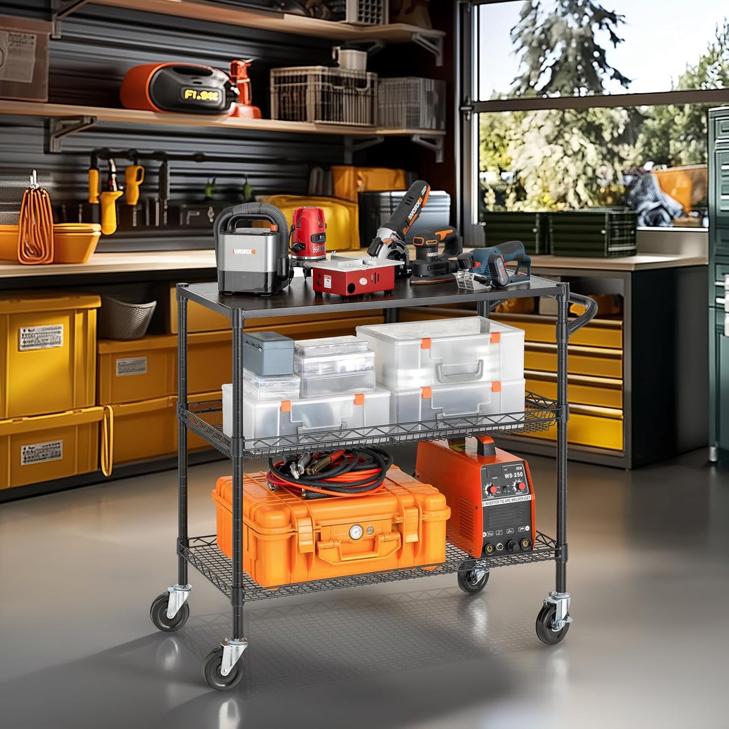 Finnhomy 3 Tier Heavy Duty Commercial Grade Utility Cart with Wood Top, Wire Rolling Cart with Wheels and Handle Bar, Kitchen Carts on Wheels, 18x36x35.4 H Metal Cart with 600 LBS Capacity, Black