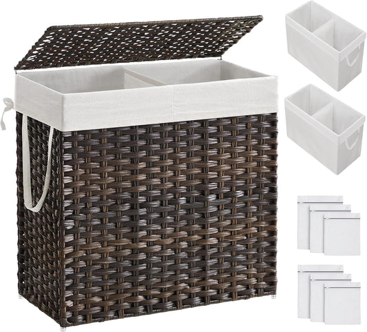 SONGMICS Laundry Hamper with Lid, 130L Clothes Hamper with 2 Removable Liner Bags and 6 Mesh Bags, Wicker Laundry Basket, Double Laundry Hamper for Bathroom, 13 x 26 x 23.6 Inches, Brown ULCB253K01