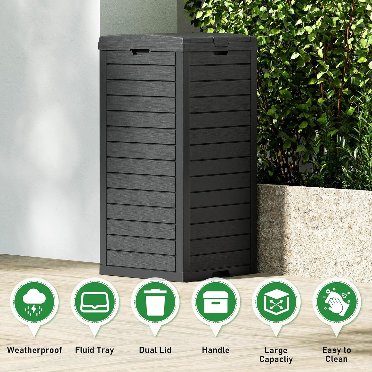 NUNU LAB 31 Gal Outdoor Trash Can with Lid - Heavy Duty Waterproof Resin, Removable Drip Tray, Fits 33-40 Gallon Bags - Large Garbage Bin for Patio, Backyard, Deck