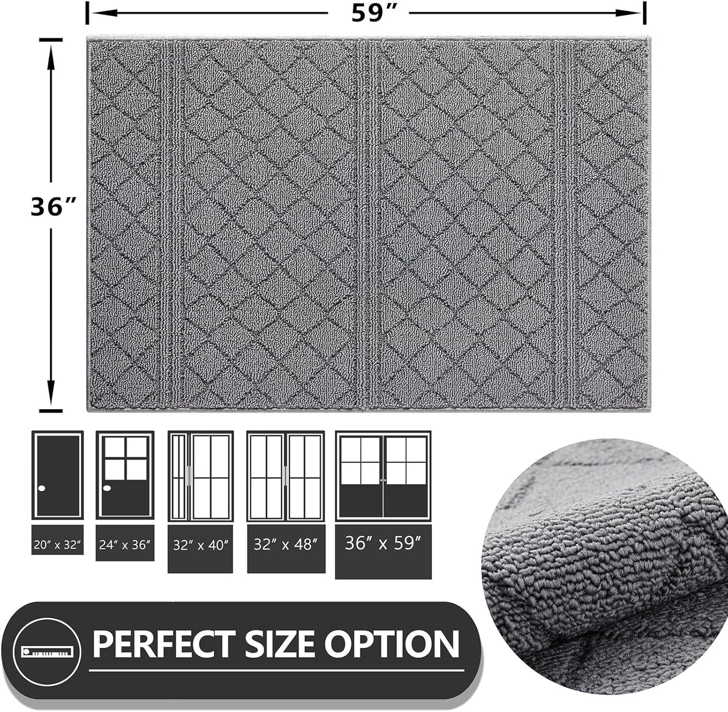 REFETONE Indoor Doormat, Front Back Door Mat 36"x59" Absorbent Rubber Backing Non Slip Door Mats, Low-Profile Resist Dirt Entrance Rugs, Machine Washable Door Rug Inside Floor Mat for Entryway, Grey