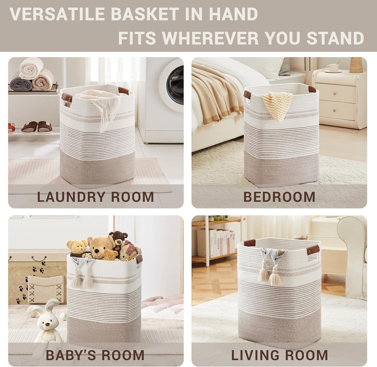 85L Tall Laundry Hamper with Handles for Living Room Storage, Extra Large Woven Rope Baskets Bin for Blanket, Kids Toy, Gifts, Wicker Hamper for Bedroom Dirty Clothes, 17"x14"x22" White Brown
