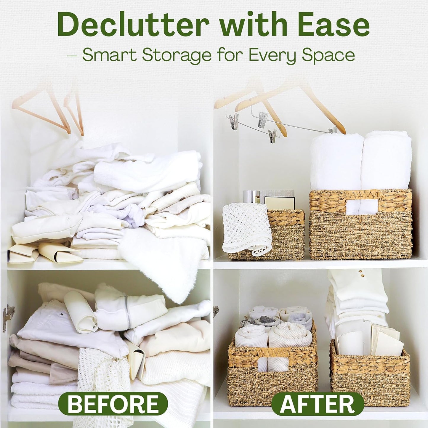 Seagrass and Hyacinth Nesting Wicker Basket, Multi-Size, 4 pack, Natural Woven Storage Baskets for Organizing Living Room, Shelves, Pantry