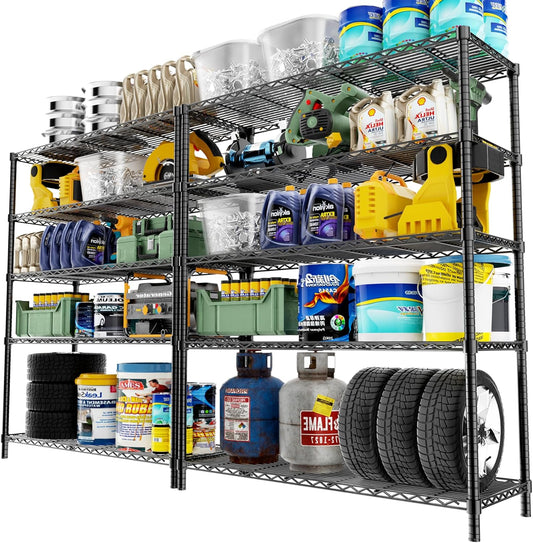 Storage Shelves, 2 PCS 48" L x 20" W x 72" H Heavy Duty Garage Wire Shelving Unit Loads 2000LBS, 5-Tier Adjustable Metal Industrial Utility Shelf Rack for Kitchen, Laundry Room, Basement
