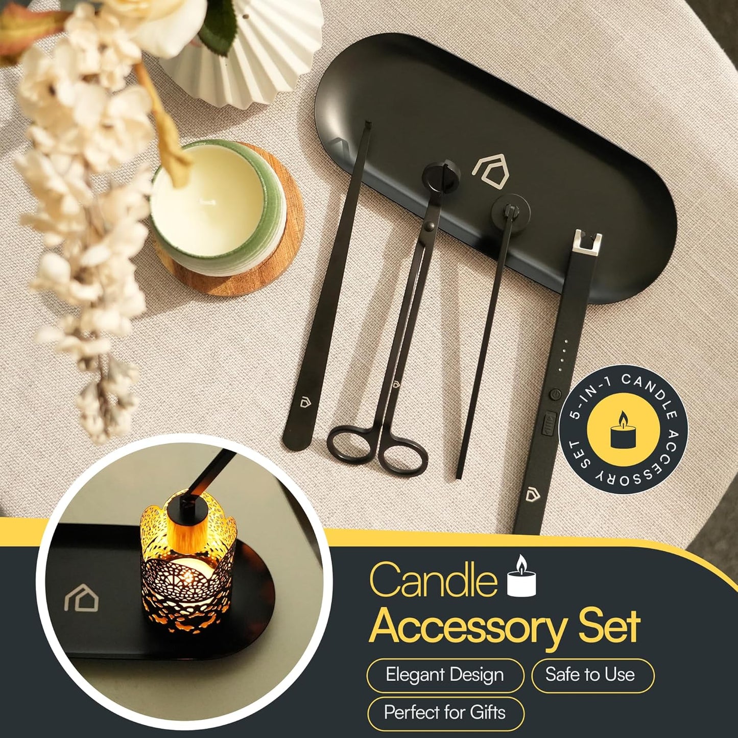 Candle Accessory Set 5 in 1 Candle Care Kit with Wick Trimmer, Dipper, Snuffer, Rechargeable Candle Lighter & Metal Tray – Luxury Gift Box for Candle Lovers (Matte Black)