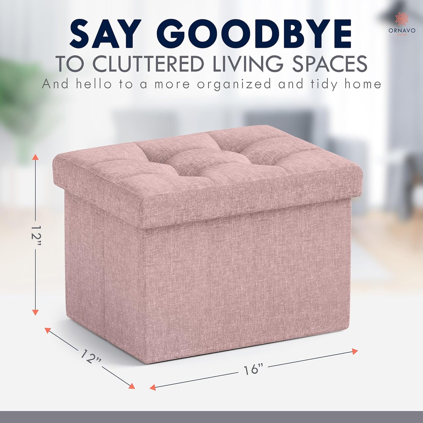 Ornavo Home Small Storage Ottoman Foldable Collapsible Rectangle Linen Ottoman Foot Rest Stool Seat, for Living Room, Bedroom, Home Office, Dorm - 12 x 16 x 12, Pink