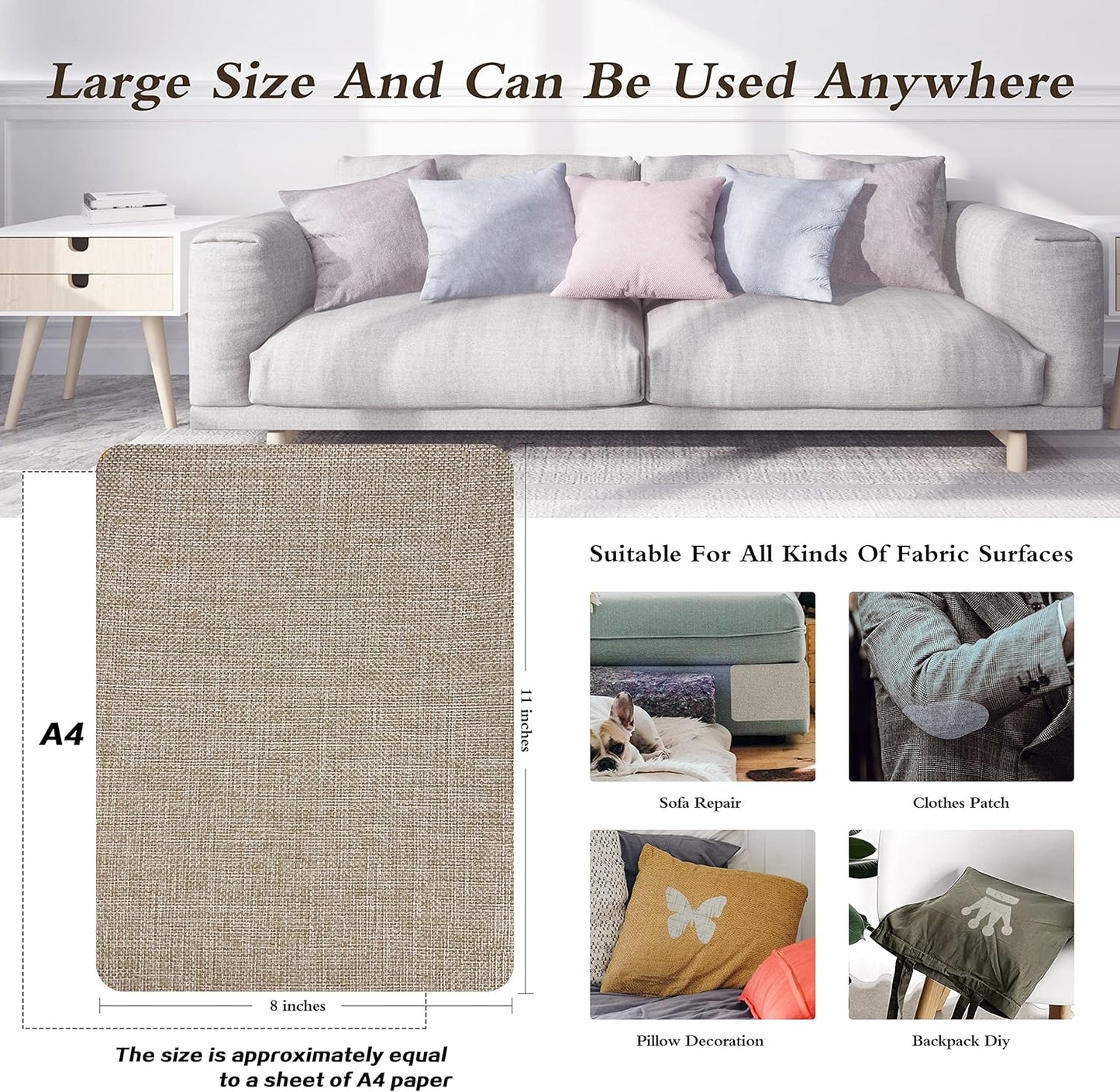 KING MOUNTAIN Coarse Linen Repair Patches, Self-Adhesive Linen Fabric Patches, 8X11 inch 2 PCS, Multi Color, Can be Used for Linen Sofa Repair and Linen Clothes Repair(8" x 11"-2PCS,Cocoa Color)