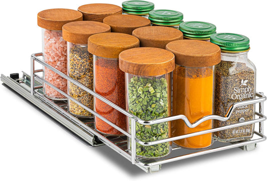 Pull Out Cabinet Organizer for Spices, Cans - Heavy Duty with Lifetime Limited Warranty- Pull Out Spice Rack- Cabinet Pull Out Shelf for Cans,Dishes, Etc, 6-1/2 "W x 10-1/2"D x 2-3/4”H, Chrome