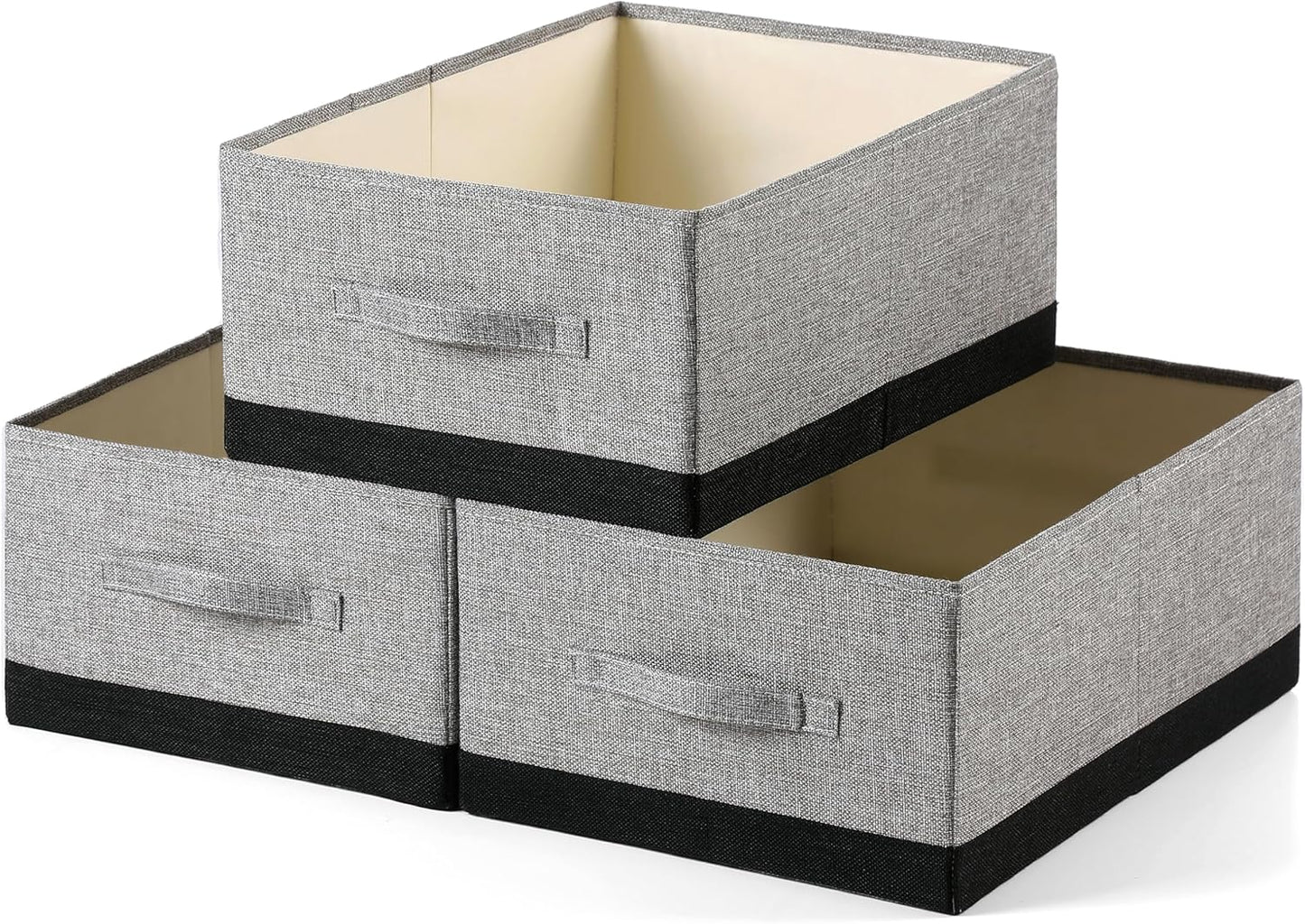Linen Folding Storage Bins, 3 Pack Large Storage Baskets, Washable, Clothing Storage Bins with Handle, Closet Organizer for Storage Sweater,Sheets (gray black, 18½"x13½"x8½")
