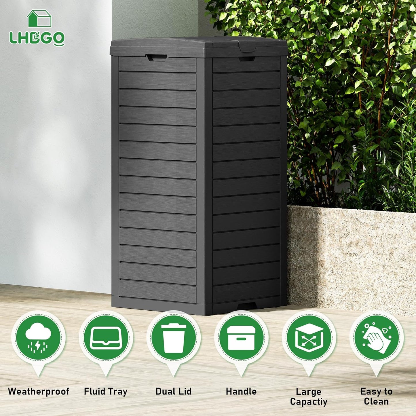 Outdoor Trash Can, 2 Set of 31 Gallon Garbage Can with Tiered Lid and Drip Tray, Waterproof Resin Patio Waste Bin for Garden, Backyard, Deck