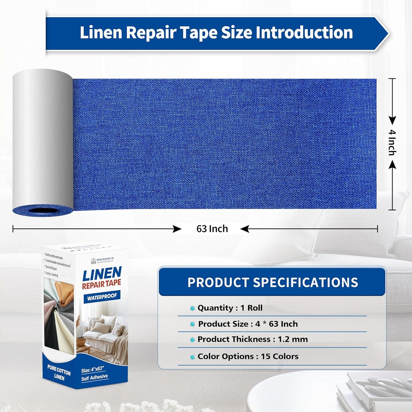 KING MOUNTAIN Linen Repair Patches, Self-Adhesive Fabric Patches, 4 X 63 inch Extra Size, Multi Color, Can be Used for Sofa Repair and Linen Clothes Repair (Navy Blue)